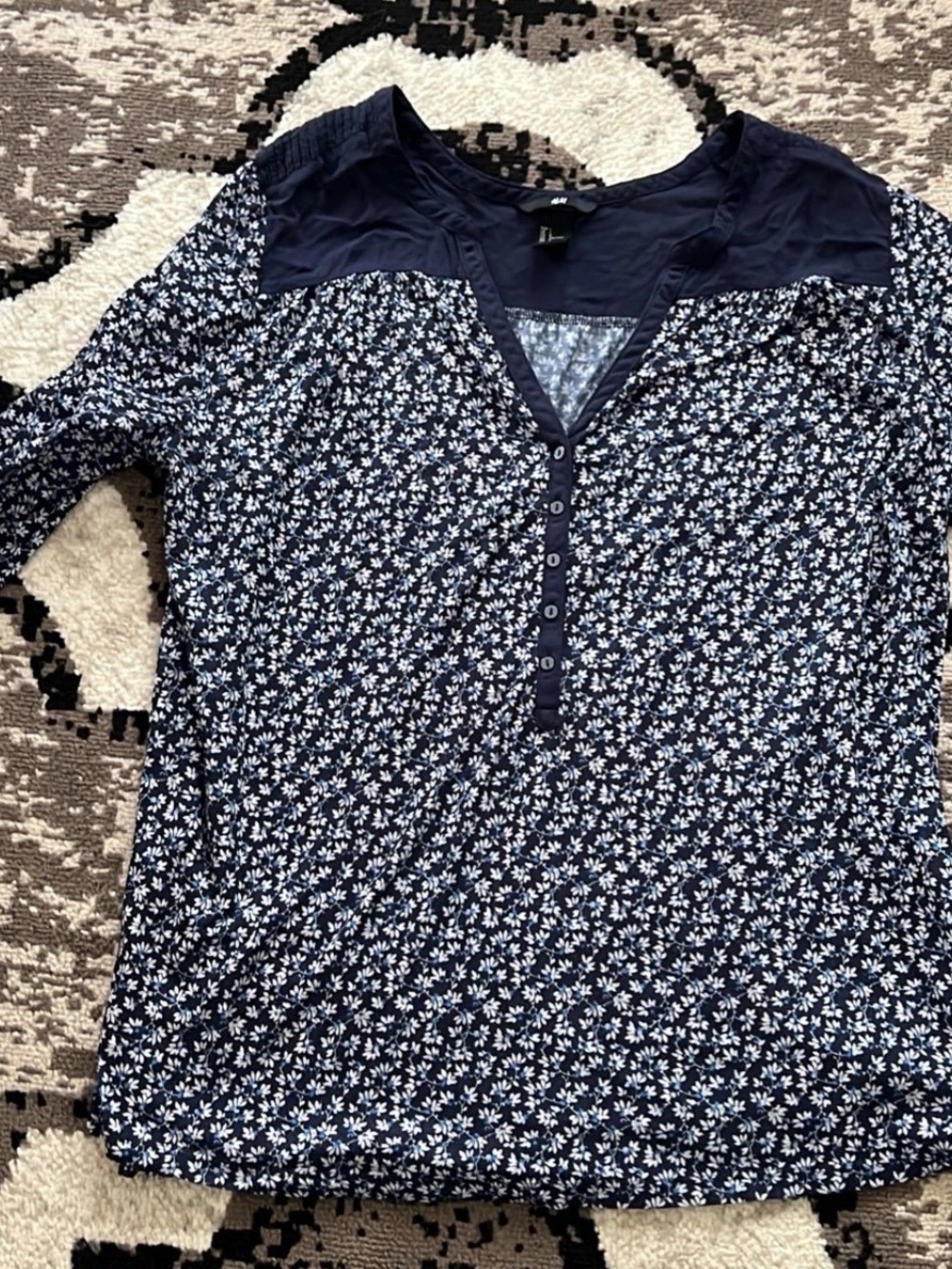 H&M Navy and White Floral Henley Top